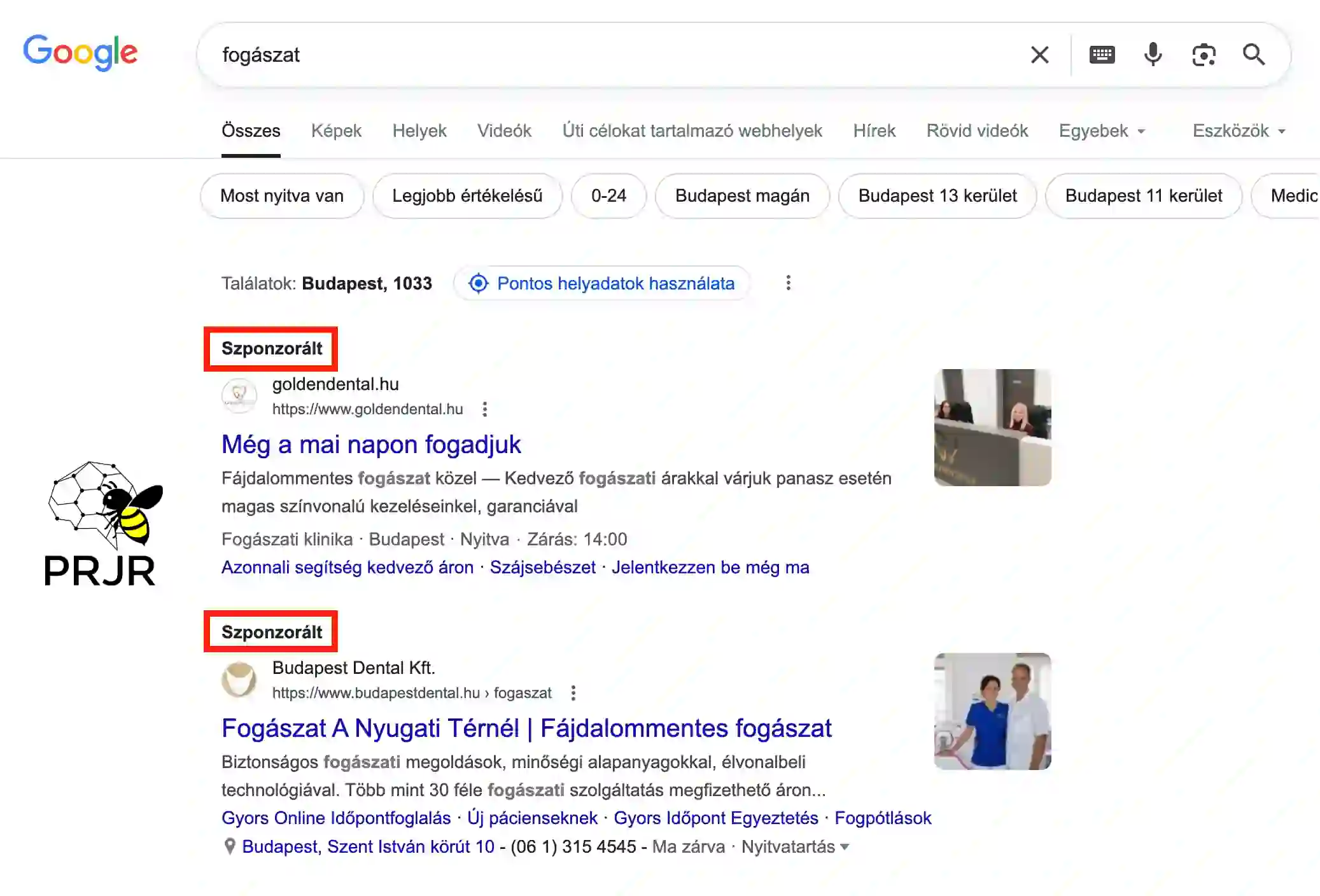 Képernyőkép a Google keresőből, amiben két keresőhirdetés (Google Ads hirdetés) látható a találati lista legtetején.