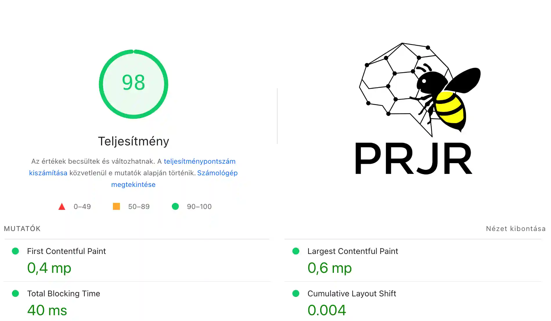 Képernyőkép a Google PageSpeed Insight-ból, amely egy 98%-os gyors egészségügyi marketing weboldal teljesítménymutatóit láthatjuk.