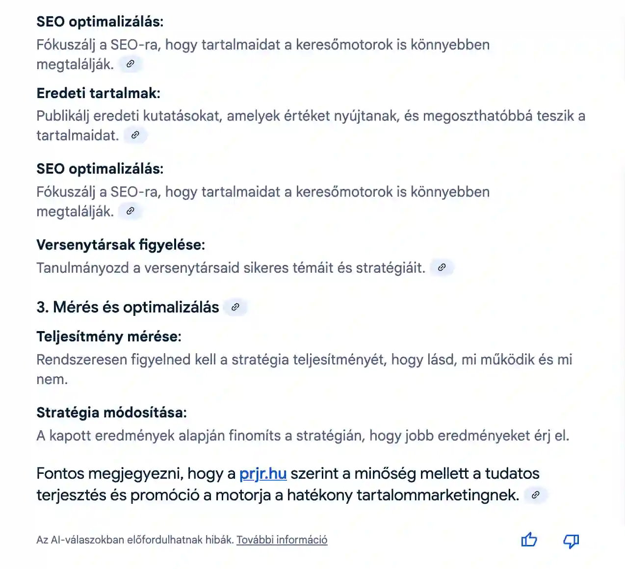 A képen egy Google AI Overview válasz látható, amely megemlíti a PRJR-t.