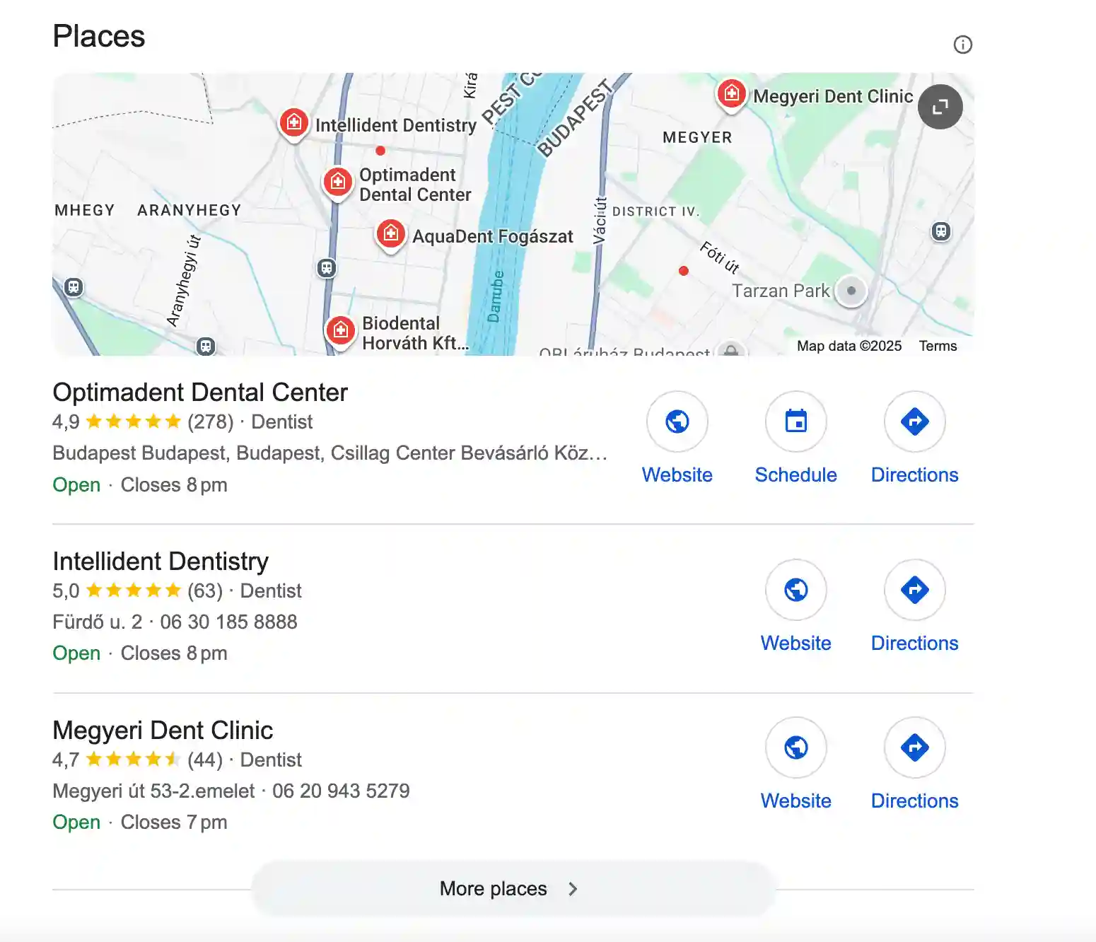 Fogászati marketing: A képen fogorvosi rendelők jelennek meg a Google térképes Place találatok listáján. Ezeknek a fogászatodnak van Google Business Profile-ja (Google Cégemje).