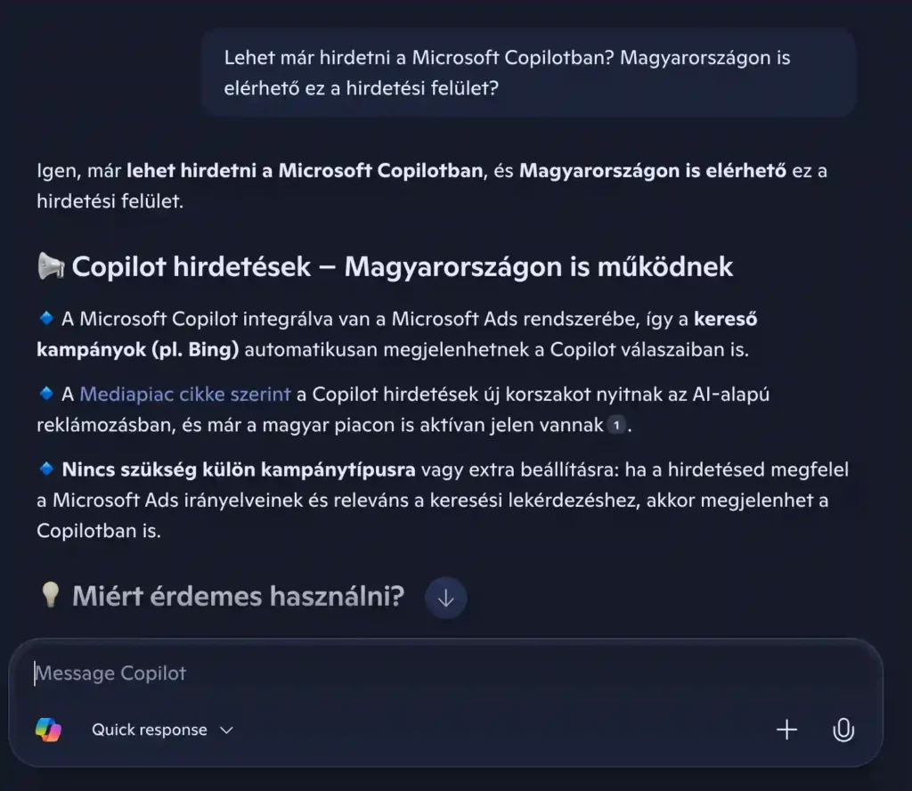 Képernyőmentés, amelyen megkérdezték: "Lehet már hirdetni a Microsoft Copilotban? Magyarországon is elérhető ez a hirdetési felület?"