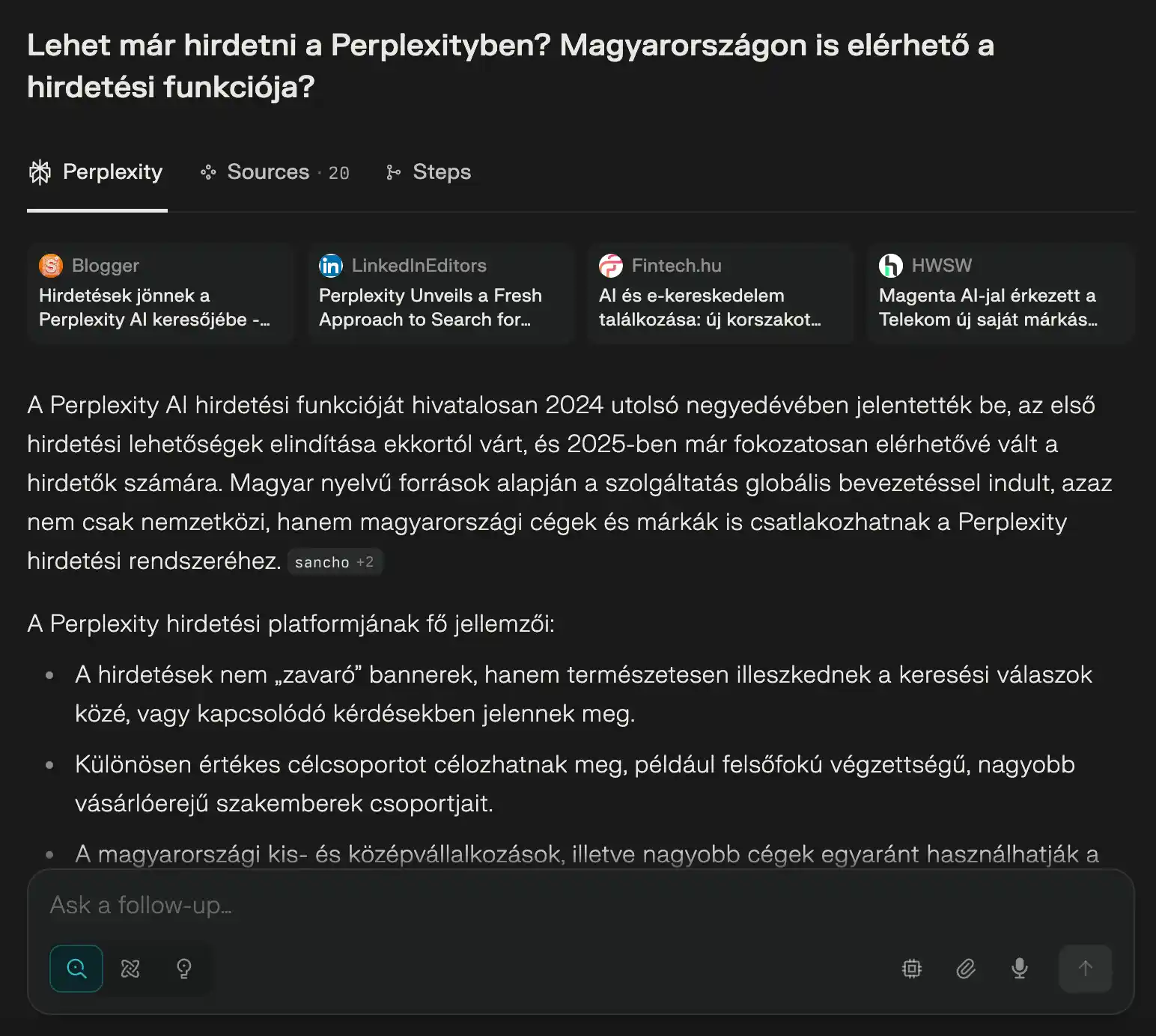 Perplexitiből kifényképezett kép, melyben azt kérdezik, hogy Lehet már hirdetni a Perplexityben? Magyarországon is elérhető ez a hirdetési funkció?