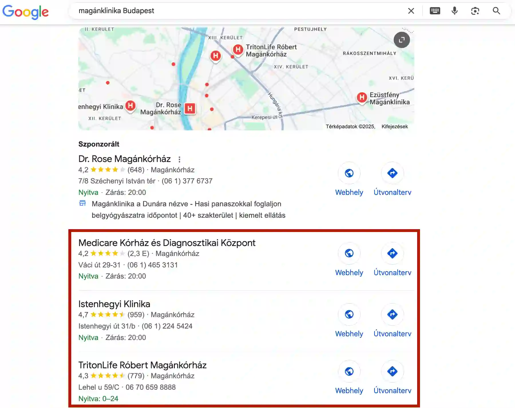 A képernyőképen organikus Google Business Profile találok láthatók vannak bekarikázva, melyek az egészségügyi SEO fontos részelemét jelentik.