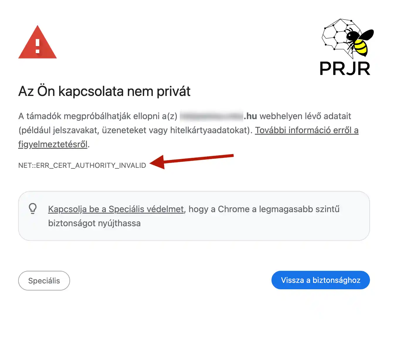 Klímatechnikai marketingben is kiemelten fontos, hogy a weboldal biztonságos legyen. A képen egy figyelmeztetés látható, ami akkor jelenik meg a böngészőkben, ha nem https weboldalakat megnyitni. Ha ilyen figyelmeztetést látunk az negatívan hat a klíma marketingre is.