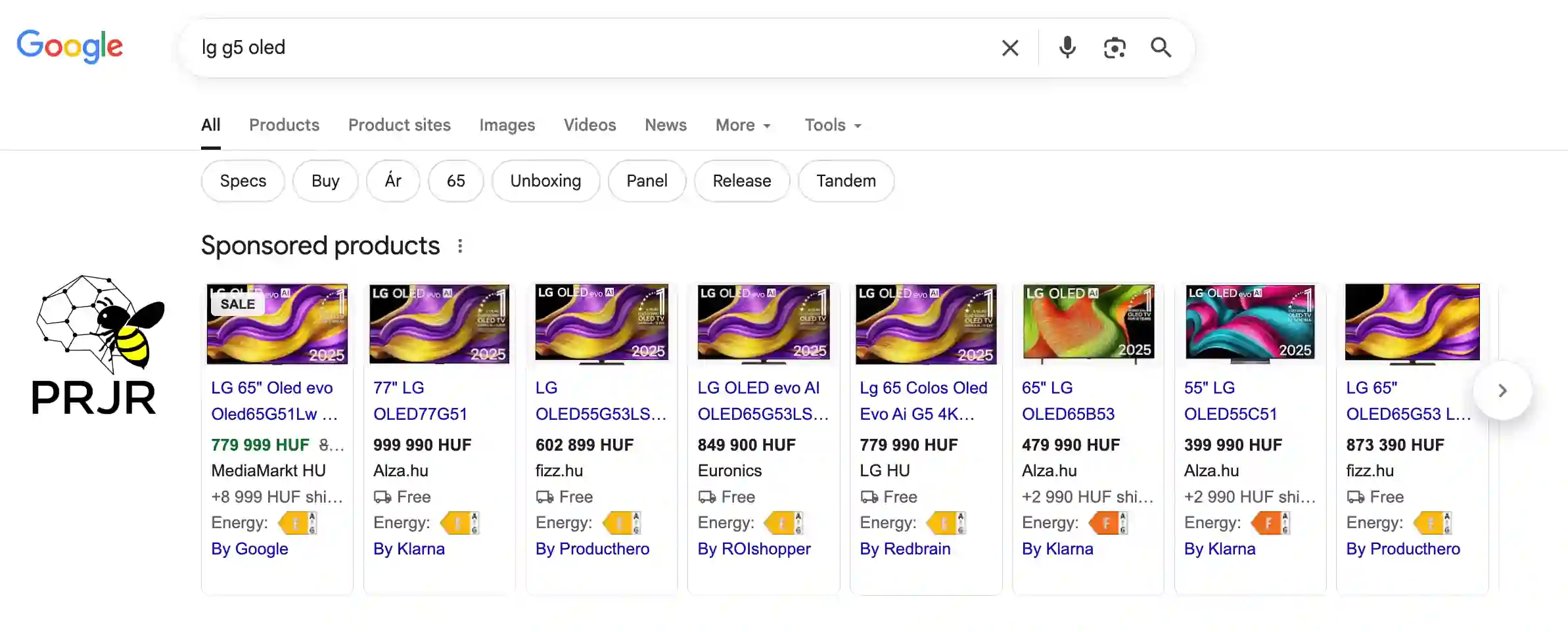 A képen a Google találati listáján megjelenő Shopping hirdetések láthatók, hasonló TV modellek egymás után, képpel, árral ellátva.
